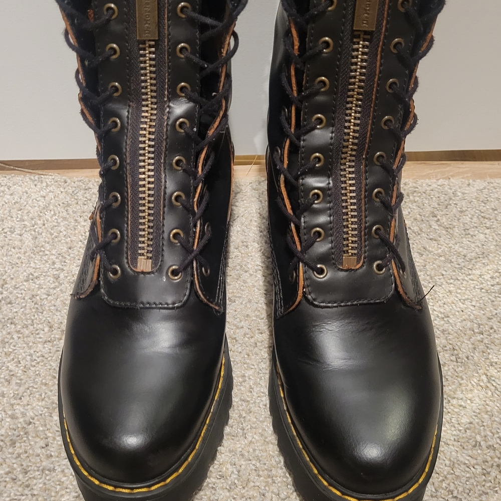 WOMENS Dr. Martens Black Leather Combat Boots with Brown Accents